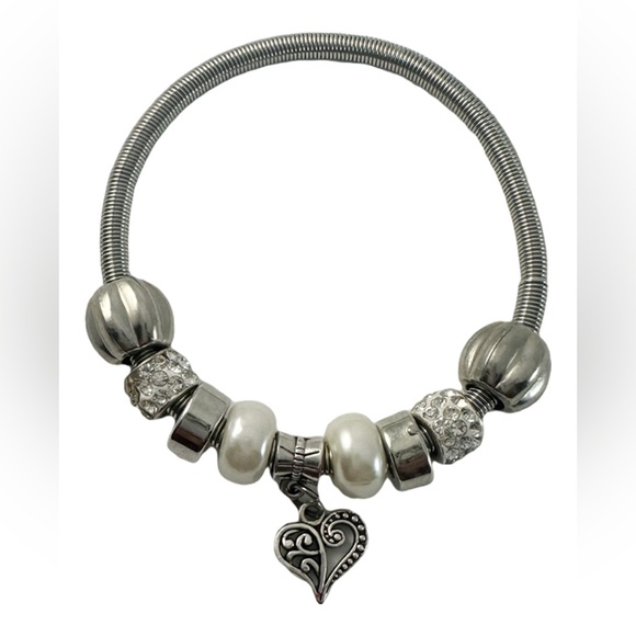 Silver beaded charm bracelet stretch Band - Picture 1 of 2